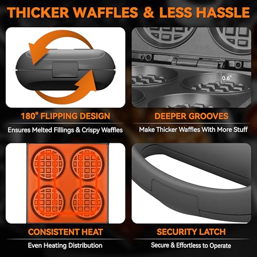 Baker's Friend Multi Stuffed Waffle Maker Thick, 4-Slice with 1.2'' Thick & 4'' Dia, Belgian Mini Waffle Maker Flip, Nonstick Breakfast Sandwich Maker, Stuffed Waffle Iron, Graphite - My Kitchen Products