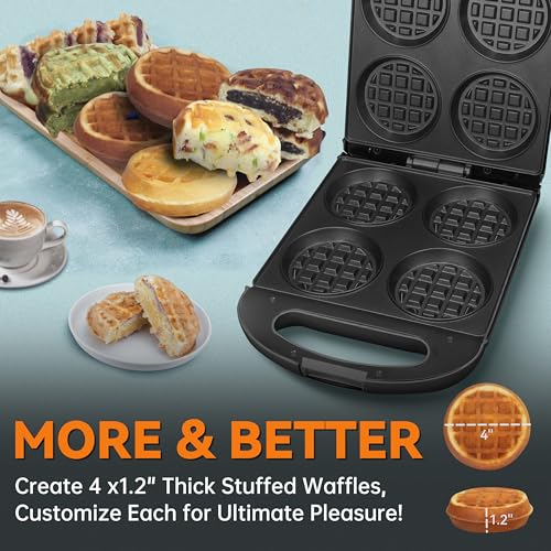 Baker's Friend Multi Stuffed Waffle Maker Thick, 4-Slice with 1.2'' Thick & 4'' Dia, Belgian Mini Waffle Maker Flip, Nonstick Breakfast Sandwich Maker, Stuffed Waffle Iron, Graphite - My Kitchen Products