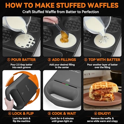 Baker's Friend Multi Stuffed Waffle Maker Thick, 4-Slice with 1.2'' Thick & 4'' Dia, Belgian Mini Waffle Maker Flip, Nonstick Breakfast Sandwich Maker, Stuffed Waffle Iron, Graphite - My Kitchen Products