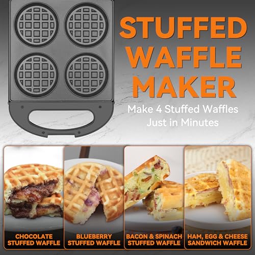 Baker's Friend Multi Stuffed Waffle Maker Thick, 4-Slice with 1.2'' Thick & 4'' Dia, Belgian Mini Waffle Maker Flip, Nonstick Breakfast Sandwich Maker, Stuffed Waffle Iron, Graphite - My Kitchen Products