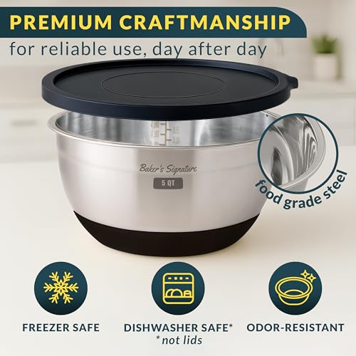 Baker's Signature Stainless Steel Mixing Bowls with Lids Set, 5 Sizes, 3 Graters, Non-Slip Base, Airtight Lids, Metal Mixing Bowls for Kitchen, Food Prep, Storage, 0.63QT-5QT, Black - My Kitchen Products