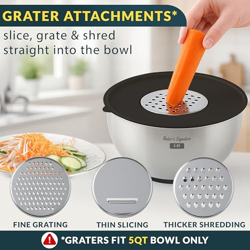Baker's Signature Stainless Steel Mixing Bowls with Lids Set, 5 Sizes, 3 Graters, Non-Slip Base, Airtight Lids, Metal Mixing Bowls for Kitchen, Food Prep, Storage, 0.63QT-5QT, Black - My Kitchen Products