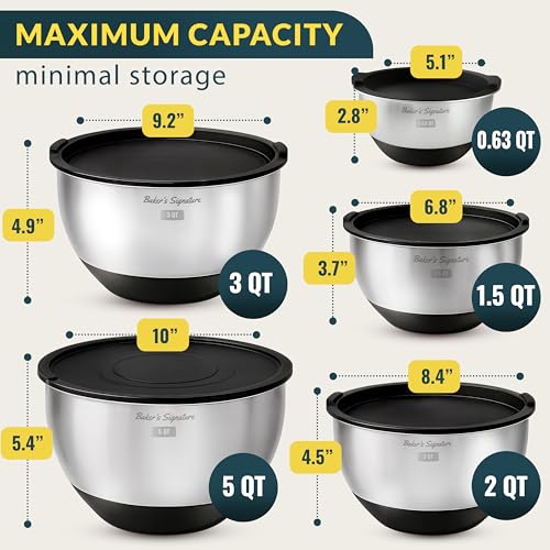 Baker's Signature Stainless Steel Mixing Bowls with Lids Set, 5 Sizes, 3 Graters, Non-Slip Base, Airtight Lids, Metal Mixing Bowls for Kitchen, Food Prep, Storage, 0.63QT-5QT, Black - My Kitchen Products
