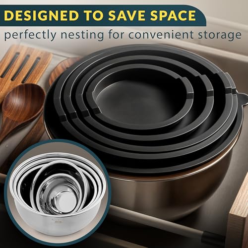 Baker's Signature Stainless Steel Mixing Bowls with Lids Set, 5 Sizes, 3 Graters, Non-Slip Base, Airtight Lids, Metal Mixing Bowls for Kitchen, Food Prep, Storage, 0.63QT-5QT, Black - My Kitchen Products