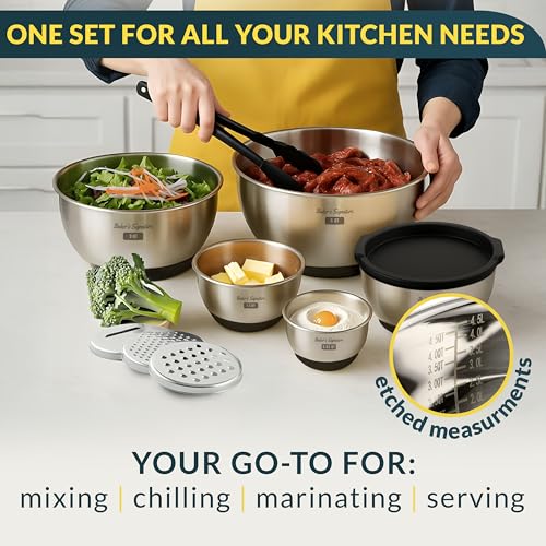 Baker's Signature Stainless Steel Mixing Bowls with Lids Set, 5 Sizes, 3 Graters, Non-Slip Base, Airtight Lids, Metal Mixing Bowls for Kitchen, Food Prep, Storage, 0.63QT-5QT, Black - My Kitchen Products