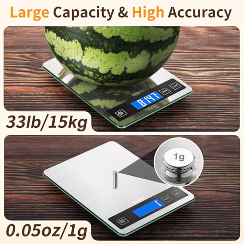 BakFee Food Scale, 33lb Digital Kitchen Scale with Stainless Steel & Tempered Glass, USB Rechargeable, 1g/0.05oz Precise Weighing, Splash-Resistant and Sturdy Surface, for Cooking, Baking, Weight Loss - My Kitchen Products