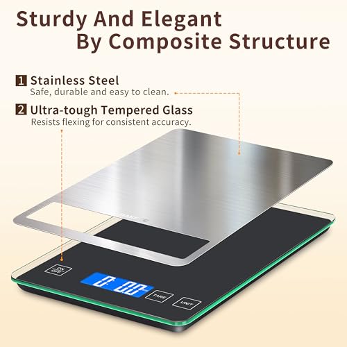 BakFee Food Scale, 33lb Digital Kitchen Scale with Stainless Steel & Tempered Glass, USB Rechargeable, 1g/0.05oz Precise Weighing, Splash-Resistant and Sturdy Surface, for Cooking, Baking, Weight Loss - My Kitchen Products