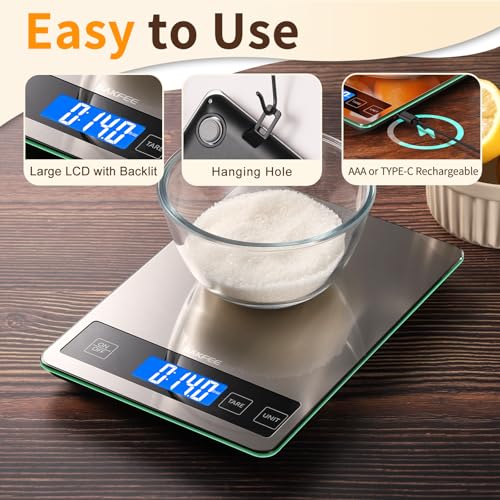 BakFee Food Scale, 33lb Digital Kitchen Scale with Stainless Steel & Tempered Glass, USB Rechargeable, 1g/0.05oz Precise Weighing, Splash-Resistant and Sturdy Surface, for Cooking, Baking, Weight Loss - My Kitchen Products