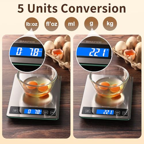 BakFee Food Scale, 33lb Digital Kitchen Scale with Stainless Steel & Tempered Glass, USB Rechargeable, 1g/0.05oz Precise Weighing, Splash-Resistant and Sturdy Surface, for Cooking, Baking, Weight Loss - My Kitchen Products