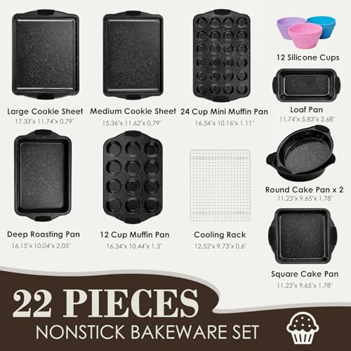 Baking Pans Set Nonstick, Bakeware Sets Stackable with Silicone Handles, AIVIKI 22 Pieces Oven Pan for Cooking Including Baking Cookie Sheet with Rack, Roast Pan, Cake Pan, Loaf Pan, Muffin Pan, Black - My Kitchen Products