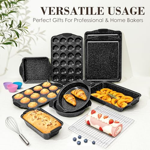 Baking Pans Set Nonstick, Bakeware Sets Stackable with Silicone Handles, AIVIKI 22 Pieces Oven Pan for Cooking Including Baking Cookie Sheet with Rack, Roast Pan, Cake Pan, Loaf Pan, Muffin Pan, Black - My Kitchen Products