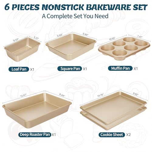Baking Pans Set, Nonstick Stackable Bakeware Sets, Oven Pans for Cooking, AIVIKI 6 Pieces Baking Sheets Set Including Cookie Sheet, Deep Roaster Pan, Square Pan, Loaf Pan, Muffin Pan, Carbon Steel - My Kitchen Products