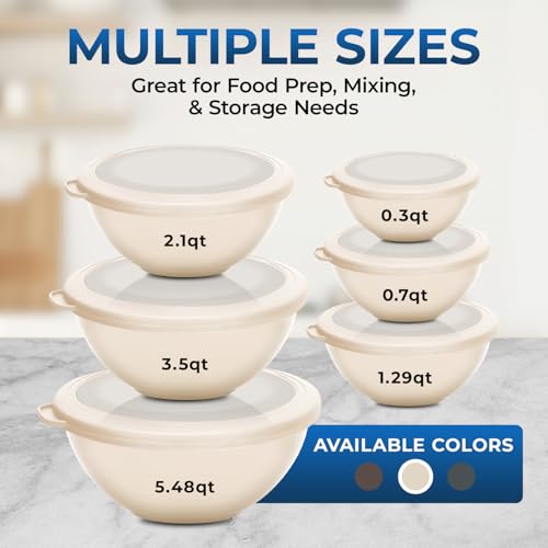 Bakken Master 12 Piece Plastic Nesting Bowls with Lids - Mixing Bowls Set includes 6 Prep Bowls and 6 Lids, BPA-Free, Reusable Meal Prep Containers, Microwave, Freezer & Dishwasher Safe, White Cream - My Kitchen Products
