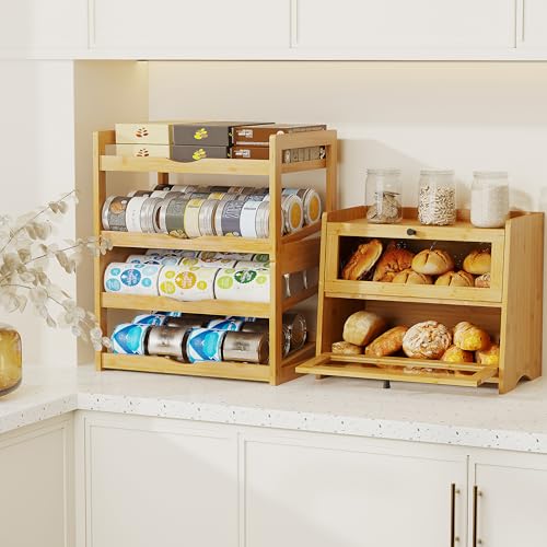 BAMBANG Can Organizer for Pantry, 4 Tier Stackable Bamboo Canned Food Storage Rack, Rolling Soda Can Dispenser Holds Up to 48 Cans, Detachable Can Organizer for Cabinet, Natural - My Kitchen Products