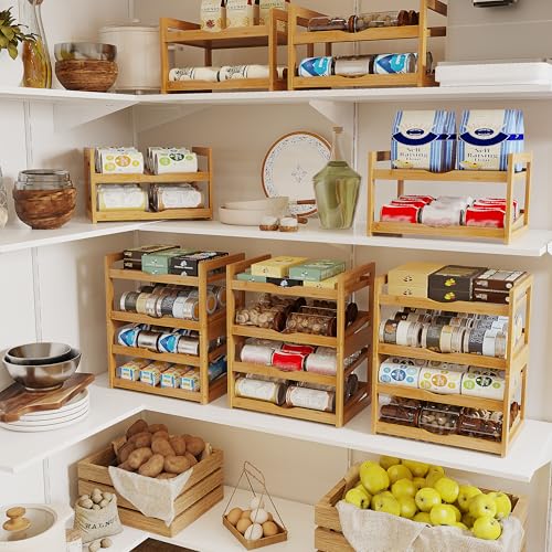 BAMBANG Can Organizer for Pantry, 4 Tier Stackable Bamboo Canned Food Storage Rack, Rolling Soda Can Dispenser Holds Up to 48 Cans, Detachable Can Organizer for Cabinet, Natural - My Kitchen Products