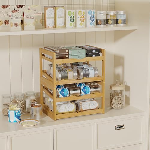 BAMBANG Can Organizer for Pantry, 4 Tier Stackable Bamboo Canned Food Storage Rack, Rolling Soda Can Dispenser Holds Up to 48 Cans, Detachable Can Organizer for Cabinet, Natural - My Kitchen Products