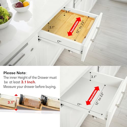 Bamboo Spice Drawer Organizer, (Need 3.1” Deep Drawer) Expandable 4 Tier Spice Rack for Cabinet (From 12" to 23" Wide), Seasoning Storage Insert, Spice Organizer for Drawer,Jars Not Included - My Kitchen Products