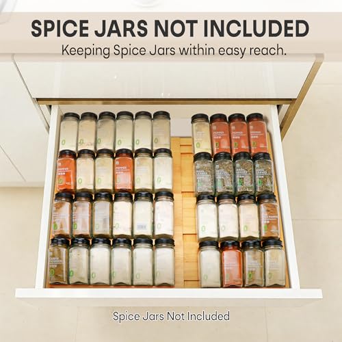Bamboo Spice Drawer Organizer, (Need 3.1” Deep Drawer) Expandable 4 Tier Spice Rack for Cabinet (From 12" to 23" Wide), Seasoning Storage Insert, Spice Organizer for Drawer,Jars Not Included - My Kitchen Products