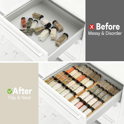 Bamboo Spice Drawer Organizer, (Need 3.1” Deep Drawer) Expandable 4 Tier Spice Rack for Cabinet (From 12" to 23" Wide), Seasoning Storage Insert, Spice Organizer for Drawer,Jars Not Included - My Kitchen Products