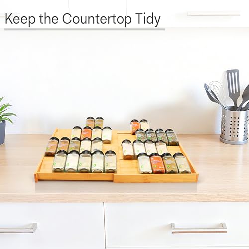 Bamboo Spice Drawer Organizer, (Need 3.1” Deep Drawer) Expandable 4 Tier Spice Rack for Cabinet (From 12" to 23" Wide), Seasoning Storage Insert, Spice Organizer for Drawer,Jars Not Included - My Kitchen Products