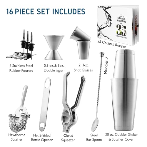 Bar Set Cocktail Shaker Set, Stainless Steel Mixology Bartender Kit, 16 Piece Cocktail Kit, Silver Cocktail Set, Bar Tools: 30oz Martini Shaker, Muddler, Bar Kit Cocktail Book, Jigger and Pourers - My Kitchen Products