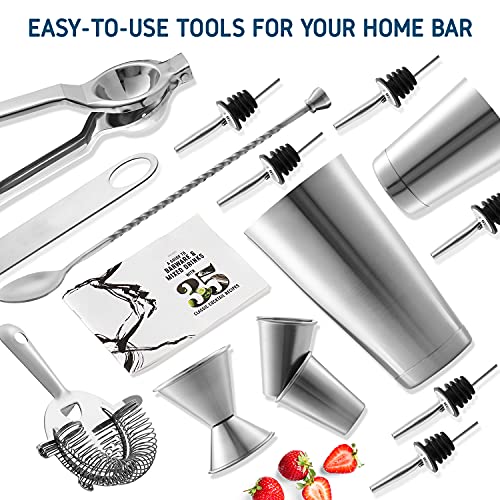 Bar Set Cocktail Shaker Set, Stainless Steel Mixology Bartender Kit, 16 Piece Cocktail Kit, Silver Cocktail Set, Bar Tools: 30oz Martini Shaker, Muddler, Bar Kit Cocktail Book, Jigger and Pourers - My Kitchen Products