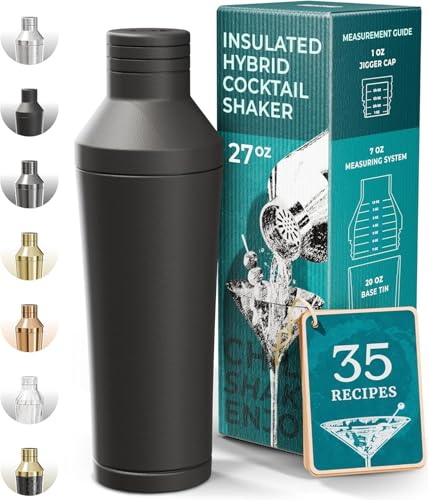 BARE BARREL Insulated Cocktail Shaker Set, Double Wall Stainless Steel, Martini Shaker for Home Bar Bartending, Built-in