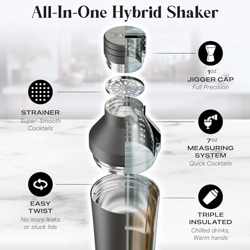 BARE BARREL Insulated Cocktail Shaker Set | Double Wall Stainless Steel | Martini Shaker for Home Bar Bartending | Built-in Drink Measure System & Strainer, Travel Bag, Recipes | Gift Set (Matt Black) - My Kitchen Products