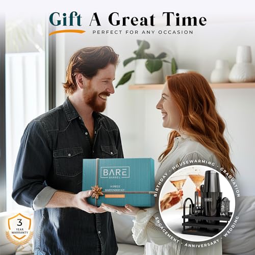 BARE BARREL® Mixology Bartender Kit Bar Set | 14-Piece Cocktail Shaker Set | Martini Barware Mixing Tools for Home Bartending | 35 Recipe Cards | Gift Set (28oz Boston Shaker, Jet Black/Black) - My Kitchen Products