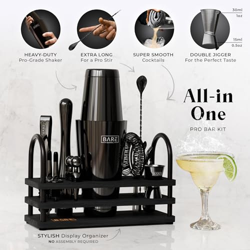 BARE BARREL® Mixology Bartender Kit Bar Set | 14-Piece Cocktail Shaker Set | Martini Barware Mixing Tools for Home Bartending | 35 Recipe Cards | Gift Set (28oz Boston Shaker, Jet Black/Black) - My Kitchen Products