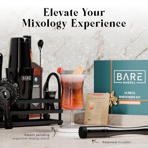 BARE BARREL® Mixology Bartender Kit Bar Set | 14-Piece Cocktail Shaker Set | Martini Barware Mixing Tools for Home Bartending | 35 Recipe Cards | Gift Set (28oz Boston Shaker, Jet Black/Black) - My Kitchen Products