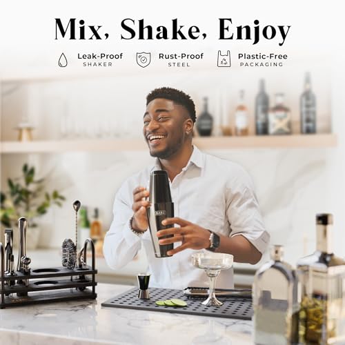 BARE BARREL® Mixology Bartender Kit Bar Set | 14-Piece Cocktail Shaker Set | Martini Barware Mixing Tools for Home Bartending | 35 Recipe Cards | Gift Set (28oz Boston Shaker, Jet Black/Black) - My Kitchen Products