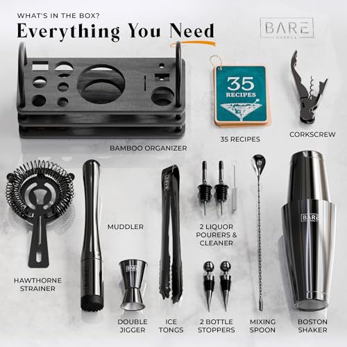 BARE BARREL® Mixology Bartender Kit Bar Set | 14-Piece Cocktail Shaker Set | Martini Barware Mixing Tools for Home Bartending | 35 Recipe Cards | Gift Set (28oz Boston Shaker, Jet Black/Black) - My Kitchen Products