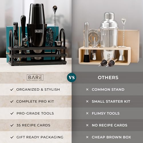 BARE BARREL® Mixology Bartender Kit Bar Set | 14-Piece Cocktail Shaker Set | Martini Barware Mixing Tools for Home Bartending | 35 Recipe Cards | Gift Set (28oz Boston Shaker, Jet Black/Black) - My Kitchen Products
