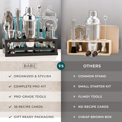 BARE BARREL® Mixology Bartender Kit Bar Set | 16-Piece Cocktail Shaker Set | Martini Barware Mixing Tools for Home Bartending | Incl. 35 Recipe Cards | Gift Set (24oz Cobbler Shaker, Silver/Black) - My Kitchen Products