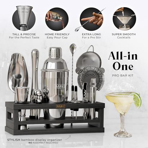 BARE BARREL® Mixology Bartender Kit Bar Set | 16-Piece Cocktail Shaker Set | Martini Barware Mixing Tools for Home Bartending | Incl. 35 Recipe Cards | Gift Set (24oz Cobbler Shaker, Silver/Black) - My Kitchen Products