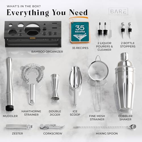 BARE BARREL® Mixology Bartender Kit Bar Set | 16-Piece Cocktail Shaker Set | Martini Barware Mixing Tools for Home Bartending | Incl. 35 Recipe Cards | Gift Set (24oz Cobbler Shaker, Silver/Black) - My Kitchen Products