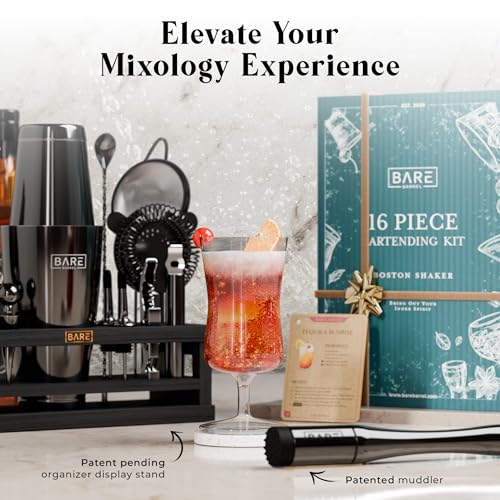 BARE BARREL® Mixology Bartender Kit Bar Set | 16-Piece Cocktail Shaker Set | Martini Barware Mixing Tools for Home Bartending | Incl. 35 Recipe Cards | Gift Set (28oz Boston Shaker, Jet Black/Black) - My Kitchen Products