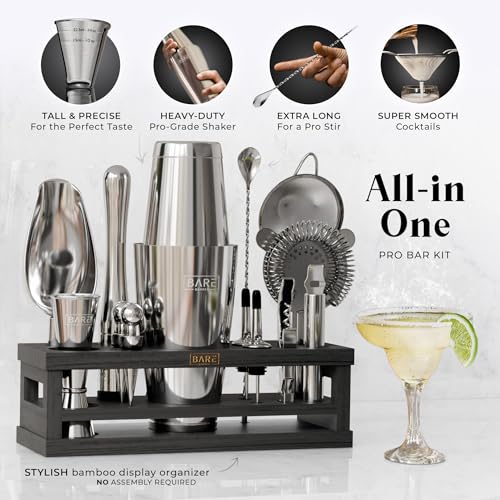 BARE BARREL® Mixology Bartender Kit Bar Set | 16-Piece Cocktail Shaker Set | Martini Barware Mixing Tools for Home Bartending | Incl. 35 Recipe Cards | Gift Set (28oz Boston Shaker, Silver/Black) - My Kitchen Products