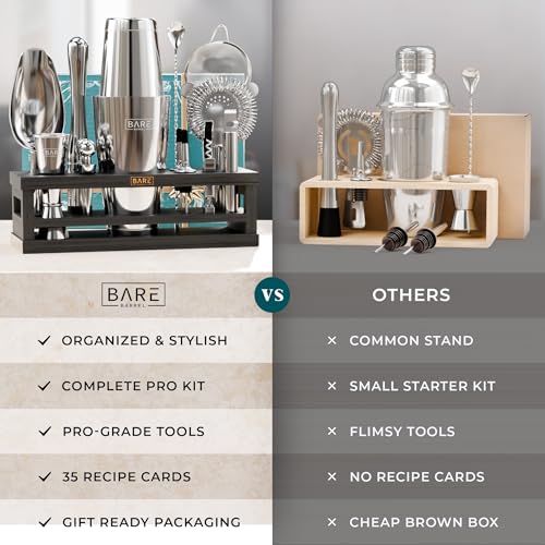 BARE BARREL® Mixology Bartender Kit Bar Set | 16-Piece Cocktail Shaker Set | Martini Barware Mixing Tools for Home Bartending | Incl. 35 Recipe Cards | Gift Set (28oz Boston Shaker, Silver/Black) - My Kitchen Products