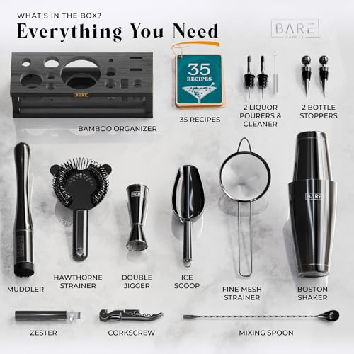 BARE BARREL® Mixology Bartender Kit Bar Set | 16-Piece Cocktail Shaker Set | Martini Barware Mixing Tools for Home Bartending | Incl. 35 Recipe Cards | Gift Set (28oz Boston Shaker, Jet Black/Black) - My Kitchen Products