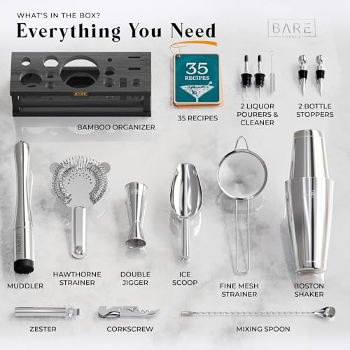 BARE BARREL® Mixology Bartender Kit Bar Set | 16-Piece Cocktail Shaker Set | Martini Barware Mixing Tools for Home Bartending | Incl. 35 Recipe Cards | Gift Set (28oz Boston Shaker, Silver/Black) - My Kitchen Products
