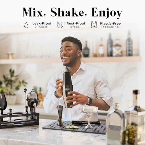 BARE BARREL® Mixology Bartender Kit Bar Set | 16-Piece Cocktail Shaker Set | Martini Barware Mixing Tools for Home Bartending | Incl. 35 Recipe Cards | Gift Set (28oz Boston Shaker, Jet Black/Black) - My Kitchen Products