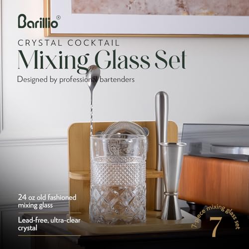 Barillio 24 Oz Crystal Cocktail Mixing Glass with Bamboo Stand & Bar Tools | Seamless Lead-Free Crystal, Weighted Base Stirring Pitcher | Including Muddler, Mixing Spoon, Jigger and Strainer - My Kitchen Products