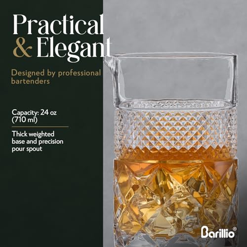 Barillio 24 Oz Crystal Cocktail Mixing Glass with Bamboo Stand & Bar Tools | Seamless Lead-Free Crystal, Weighted Base Stirring Pitcher | Including Muddler, Mixing Spoon, Jigger and Strainer - My Kitchen Products