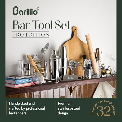 Barillio Bar Tool Set Pro Edition - Stainless-Steel Cocktail Shaker Set - Mixology Bartender Kit w/Boston Shaker, Drink Mixer & Muddler for Cocktails - Home Bar Accessories - 32-Pc Bar kit - My Kitchen Products