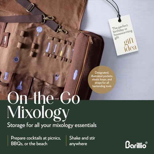 Barillio Bartender Kit Bag with Cocktail Shaker Set - Waxed Canvas, Traveling Bar Tools Bag with 17-Pc Cocktail Kit - Travel Mixology Bartending Kits - Mobile Bar Roll with Strap & Accessories - My Kitchen Products