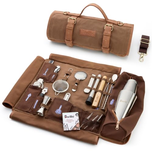 Barillio Bartender Kit Bag with Cocktail Shaker Set, Waxed Canvas, Traveling Bar Tools Bag with 17-Pc Cocktail