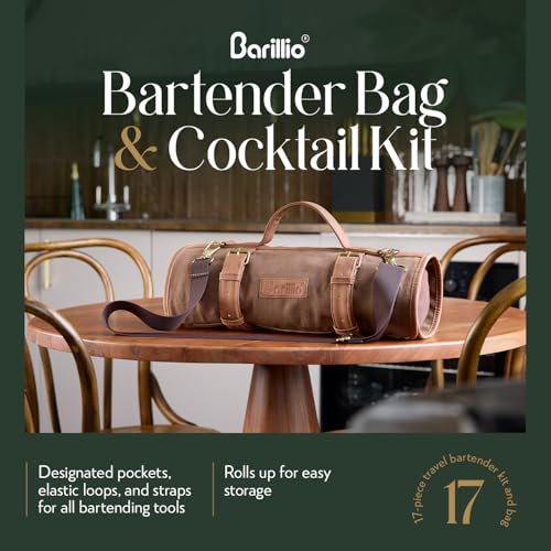 Barillio Bartender Kit Bag with Cocktail Shaker Set - Waxed Canvas, Traveling Bar Tools Bag with 17-Pc Cocktail Kit - Travel Mixology Bartending Kits - Mobile Bar Roll with Strap & Accessories - My Kitchen Products