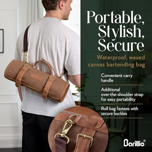Barillio Bartender Kit Bag with Cocktail Shaker Set - Waxed Canvas, Traveling Bar Tools Bag with 17-Pc Cocktail Kit - Travel Mixology Bartending Kits - Mobile Bar Roll with Strap & Accessories - My Kitchen Products